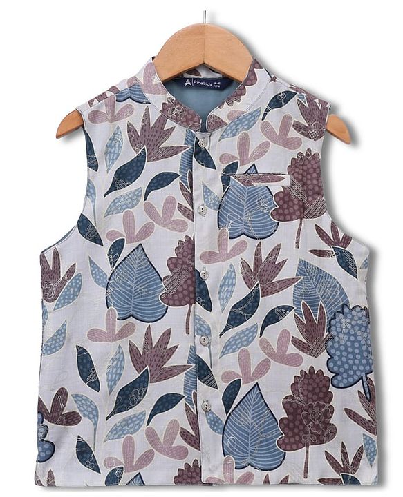 Pine Kids Woven Full Sleeves Kurta & Pyjama Set With Floral Printed Jacket - Teal Blue