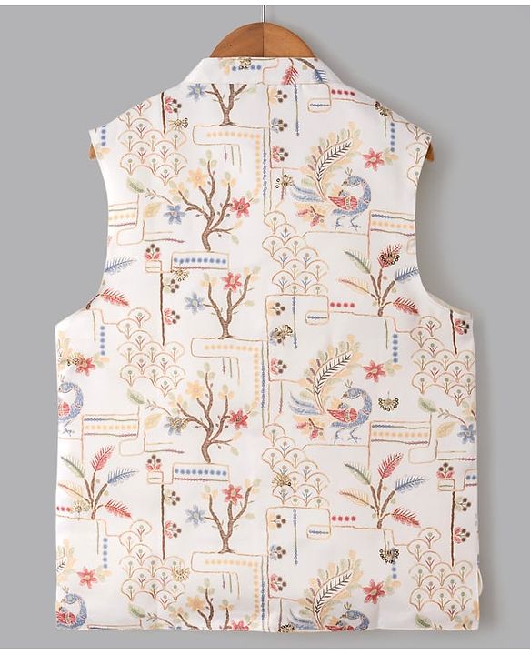 Pine Kids Woven Kurta Pyjama Set and Jacket with Full Sleeves and Peacock Print in Light Green