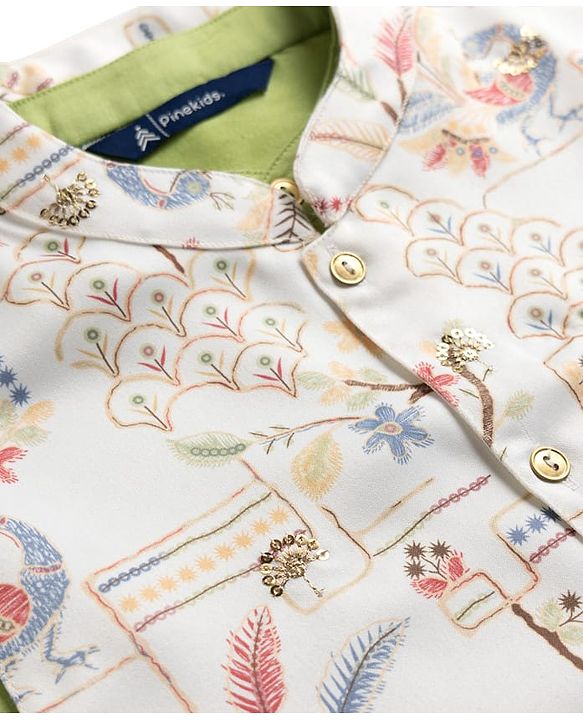 Pine Kids Woven Kurta Pyjama Set and Jacket with Full Sleeves and Peacock Print in Light Green
