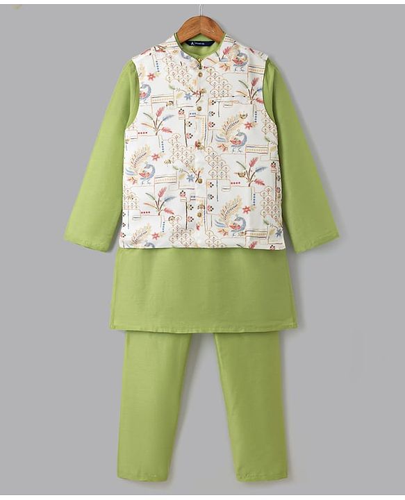 Pine Kids Woven Kurta Pyjama Set and Jacket with Full Sleeves and Peacock Print in Light Green