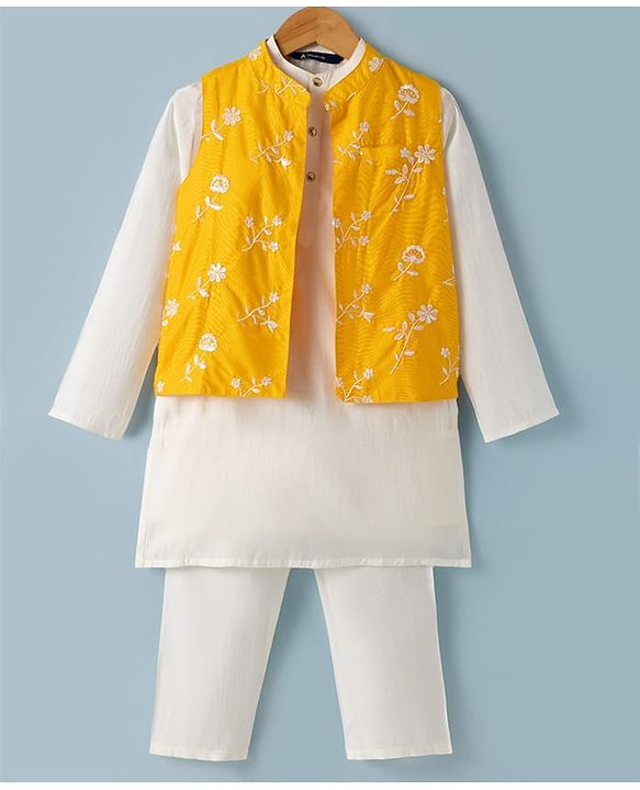 Pine Kids Woven Full Sleeves Kurta & Pyjama Set With Floral Embroidered Jacket - White & Mustard