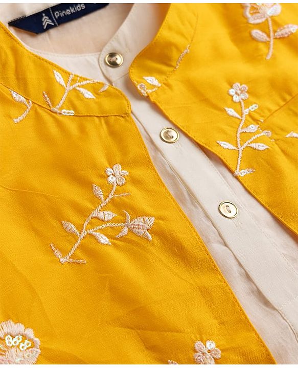 Pine Kids Woven Full Sleeves Kurta & Pyjama Set With Floral Embroidered Jacket - White & Mustard