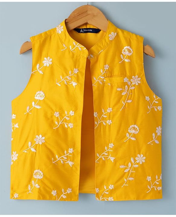 Pine Kids Woven Full Sleeves Kurta & Pyjama Set With Floral Embroidered Jacket - White & Mustard