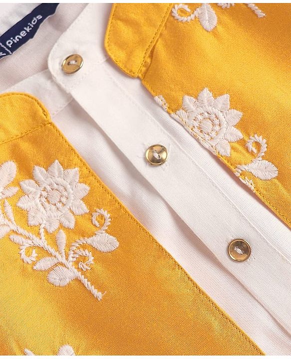 Pine Kids Woven Full Sleeves Kurta & Pyjama Set With Floral Embroidered Jacket - White & Mustard