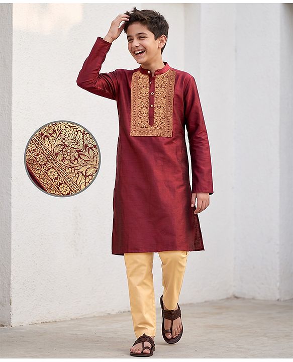 Pine Kids Woven Full Sleeves Kurta & Pyjama Set with Floral Print in Maroon