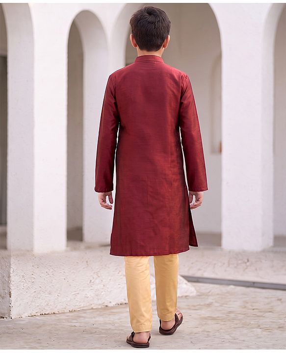 Pine Kids Woven Full Sleeves Kurta & Pyjama Set with Floral Print in Maroon