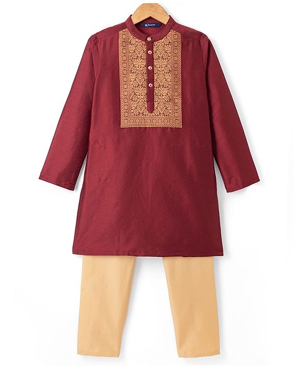 Pine Kids Woven Full Sleeves Kurta & Pyjama Set with Floral Print in Maroon