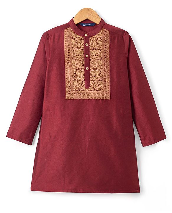 Pine Kids Woven Full Sleeves Kurta & Pyjama Set with Floral Print in Maroon