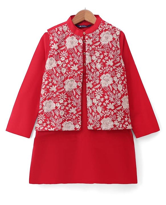 Pine Kids Woven Full Sleeves Kurta & Pajama Set With Embroidered Jacket - Red