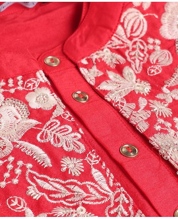 Pine Kids Woven Full Sleeves Kurta & Pajama Set With Embroidered Jacket - Red
