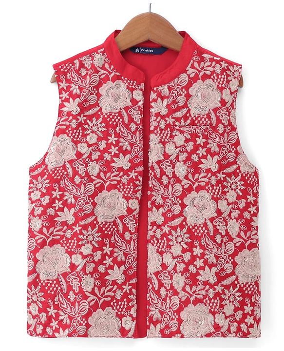 Pine Kids Woven Full Sleeves Kurta & Pajama Set With Embroidered Jacket - Red