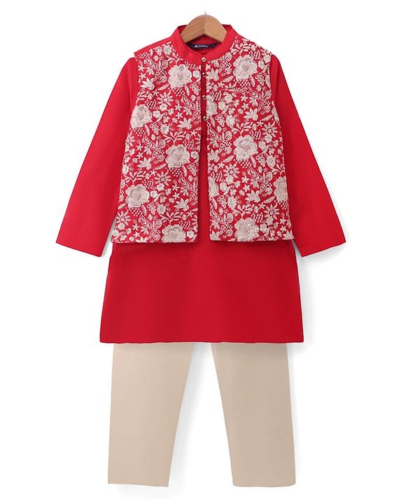 Pine Kids Woven Full Sleeves Kurta & Pajama Set With Embroidered Jacket - Red