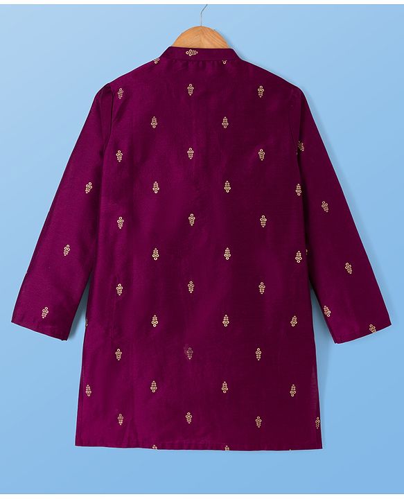 Pine Kids Woven Full Sleeves Kurta Pyjama Set With Floral Print - Wine