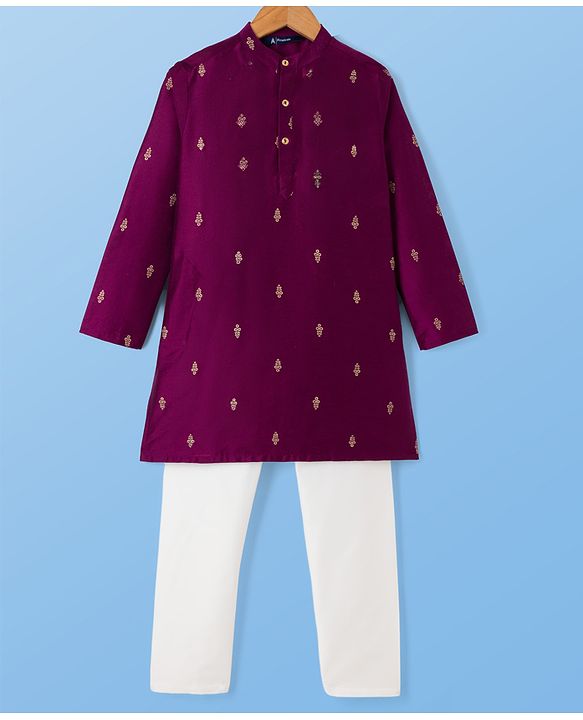 Pine Kids Woven Full Sleeves Kurta Pyjama Set With Floral Print - Wine