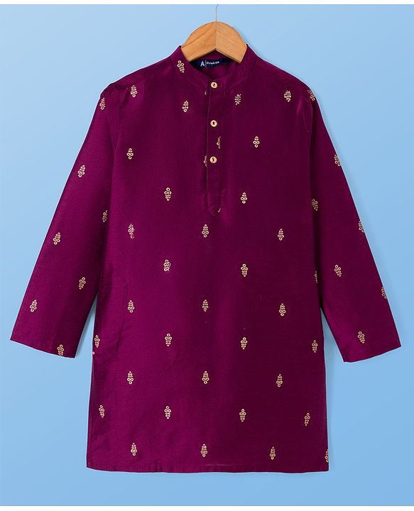Pine Kids Woven Full Sleeves Kurta Pyjama Set With Floral Print - Wine
