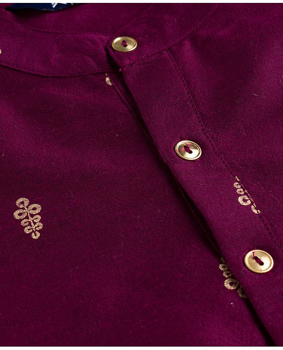 Pine Kids Woven Full Sleeves Kurta Pyjama Set With Floral Print - Wine