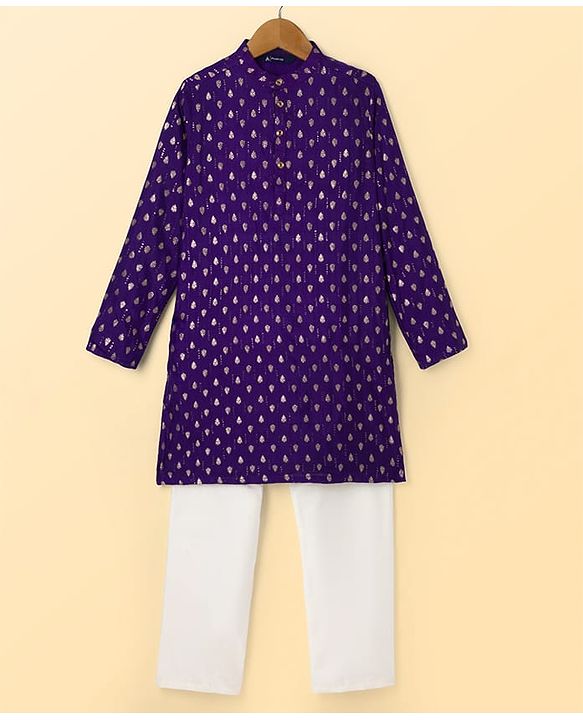 Pine Kids Woven Full Sleeves Kurta Pyjama Set with Full Length and Foil Print in Violet for 4-5 Years