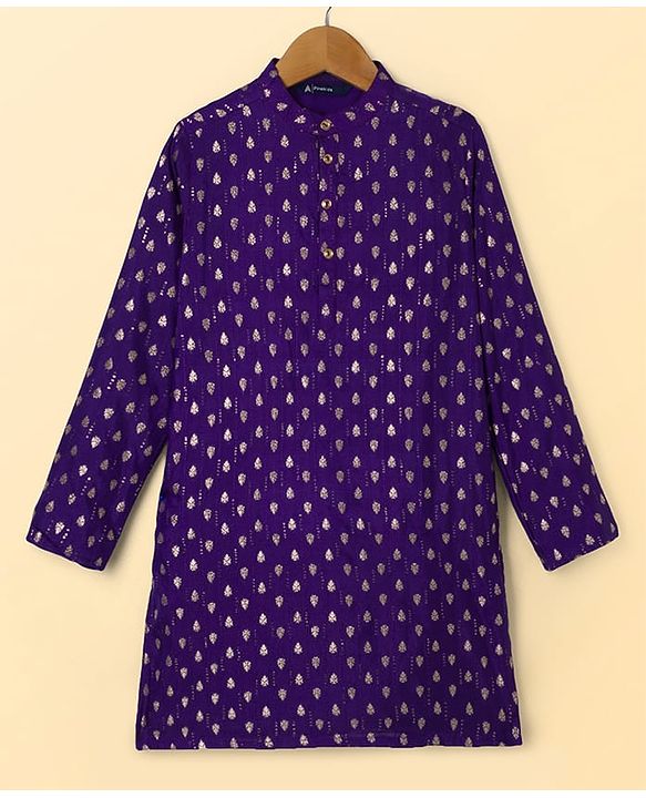 Pine Kids Woven Full Sleeves Kurta Pyjama Set with Full Length and Foil Print in Violet for 4-5 Years