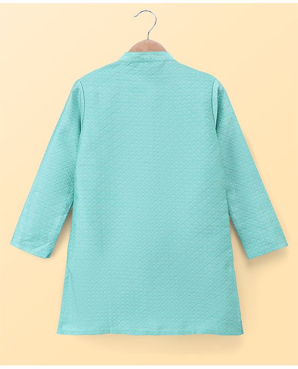 Pine Kids Woven Full Sleeves Kurta Pyjama Set With Self Texture Work - Aqua Blue