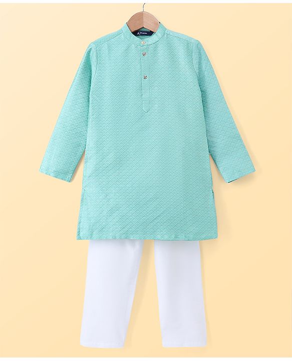 Pine Kids Woven Full Sleeves Kurta Pyjama Set With Self Texture Work - Aqua Blue