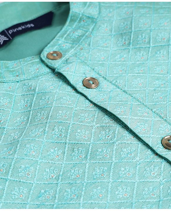 Pine Kids Woven Full Sleeves Kurta Pyjama Set With Self Texture Work - Aqua Blue