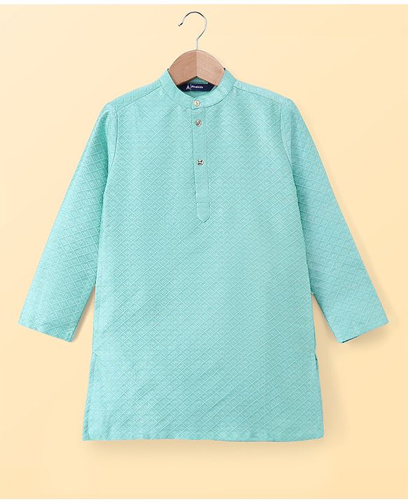 Pine Kids Woven Full Sleeves Kurta Pyjama Set With Self Texture Work - Aqua Blue