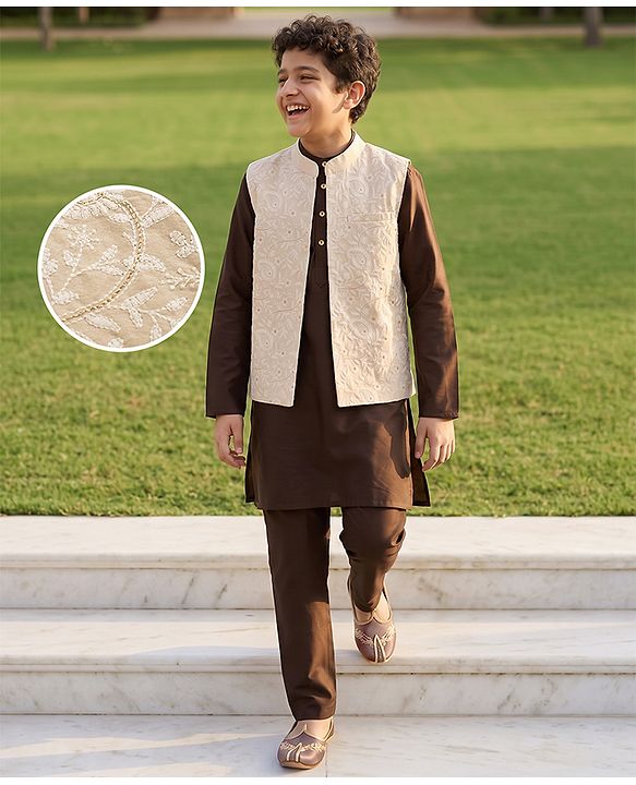 Pine Kids Woven Full Sleeves Kurta Pyjama and Jacket Set with Paisley and Floral Vines Embroidery in Brown