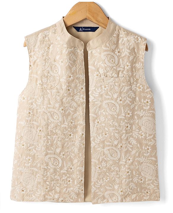 Pine Kids Woven Full Sleeves Kurta Pyjama and Jacket Set with Paisley and Floral Vines Embroidery in Brown
