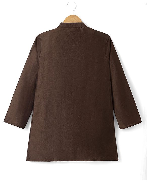 Pine Kids Woven Full Sleeves Kurta Pyjama and Jacket Set with Paisley and Floral Vines Embroidery in Brown