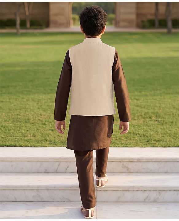 Pine Kids Woven Full Sleeves Kurta Pyjama and Jacket Set with Paisley and Floral Vines Embroidery in Brown