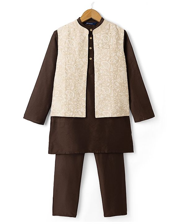 Pine Kids Woven Full Sleeves Kurta Pyjama and Jacket Set with Paisley and Floral Vines Embroidery in Brown