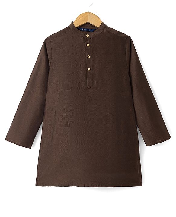 Pine Kids Woven Full Sleeves Kurta Pyjama and Jacket Set with Paisley and Floral Vines Embroidery in Brown