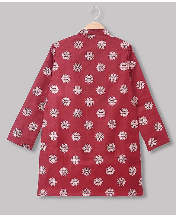 Pine Kids Woven Full Sleeves Kurta and Pyjama Set with Floral Print in Red