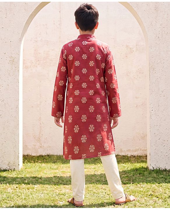 Pine Kids Woven Full Sleeves Kurta and Pyjama Set with Floral Print in Red