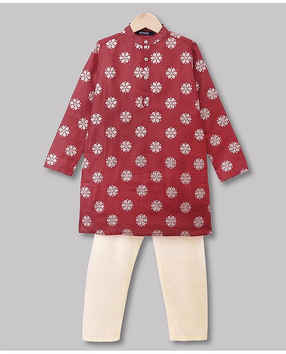 Pine Kids Woven Full Sleeves Kurta and Pyjama Set with Floral Print in Red