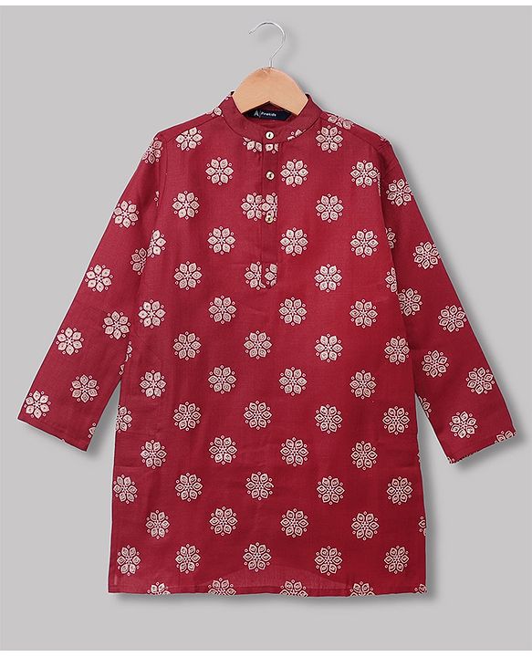 Pine Kids Woven Full Sleeves Kurta and Pyjama Set with Floral Print in Red