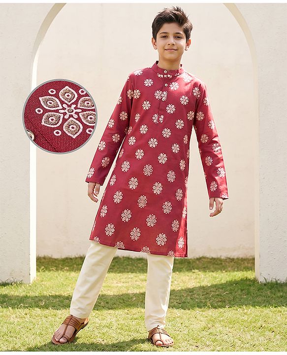 Pine Kids Woven Full Sleeves Kurta and Pyjama Set with Floral Print in Red