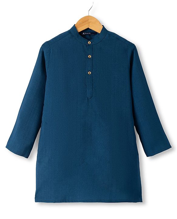 Pine Kids Woven Full Sleeves Kurta Pyjama Set and Jacket with Geometric Floral Pattern Embroidery - Navy Blue