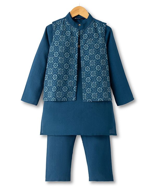Pine Kids Woven Full Sleeves Kurta Pyjama Set and Jacket with Geometric Floral Pattern Embroidery - Navy Blue