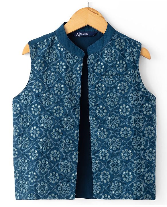 Pine Kids Woven Full Sleeves Kurta Pyjama Set and Jacket with Geometric Floral Pattern Embroidery - Navy Blue