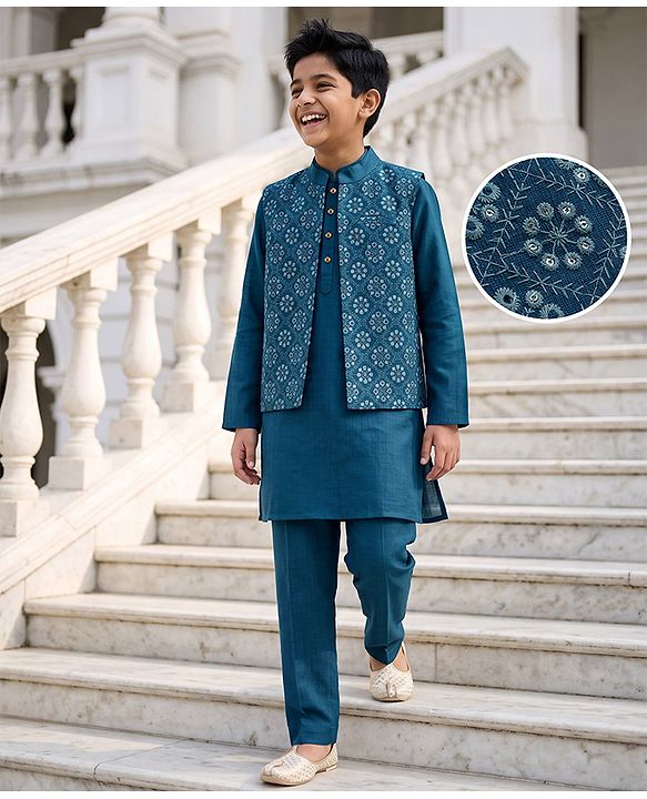 Pine Kids Woven Full Sleeves Kurta Pyjama Set and Jacket with Geometric Floral Pattern Embroidery - Navy Blue