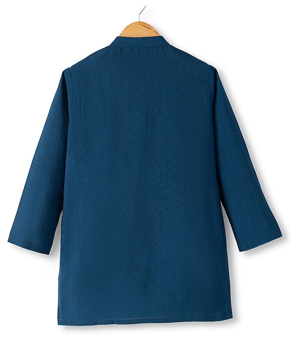 Pine Kids Woven Full Sleeves Kurta Pyjama Set and Jacket with Geometric Floral Pattern Embroidery - Navy Blue