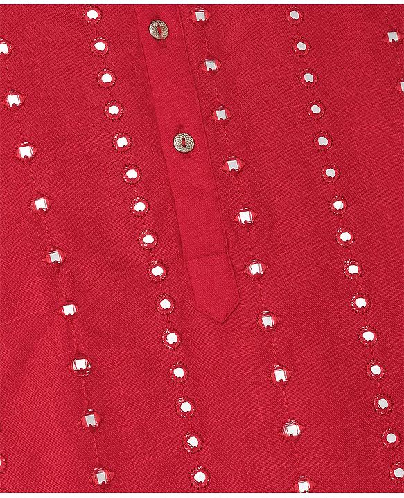Pine Kids Woven Kurta Pyjama Set with Full Sleeves and Dot Sequins in Red