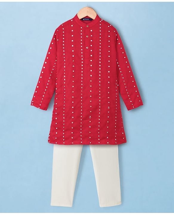 Pine Kids Woven Kurta Pyjama Set with Full Sleeves and Dot Sequins in Red