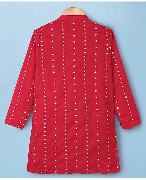 Pine Kids Woven Kurta Pyjama Set with Full Sleeves and Dot Sequins in Red