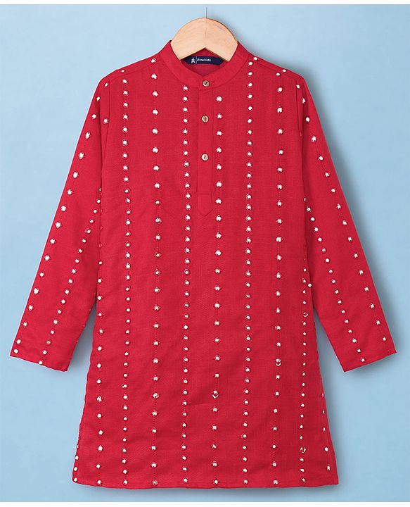 Pine Kids Woven Kurta Pyjama Set with Full Sleeves and Dot Sequins in Red