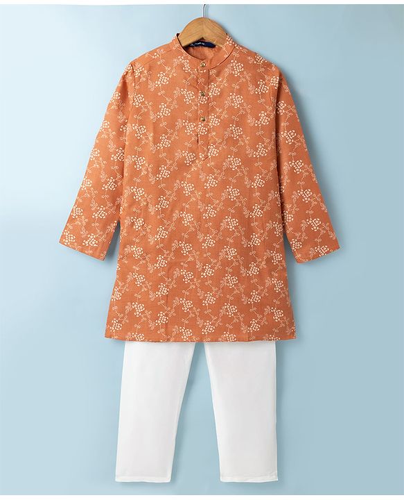 Pine Kids Woven Full Sleeves Kurta Pyjama Set with Floral Print in Light Peach