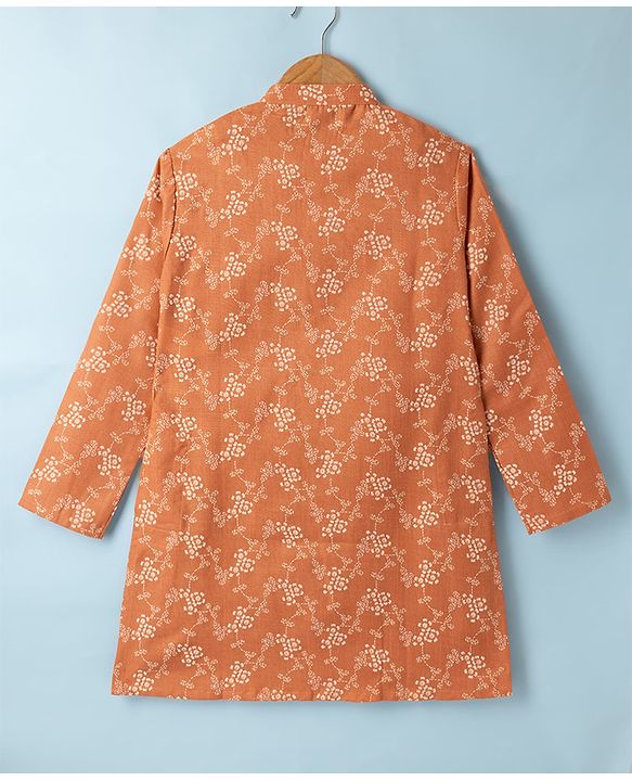 Pine Kids Woven Full Sleeves Kurta Pyjama Set with Floral Print in Light Peach
