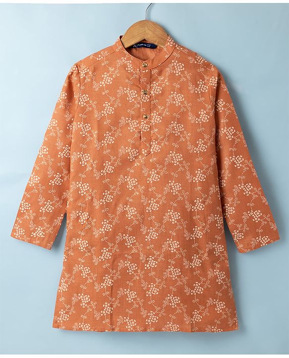 Pine Kids Woven Full Sleeves Kurta Pyjama Set with Floral Print in Light Peach