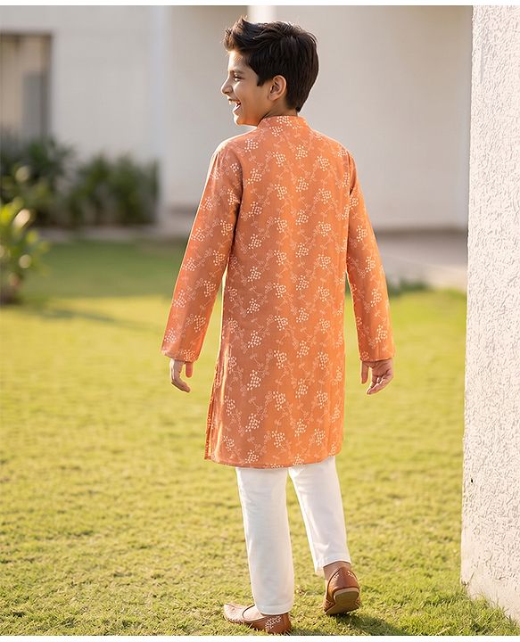 Pine Kids Woven Full Sleeves Kurta Pyjama Set with Floral Print in Light Peach